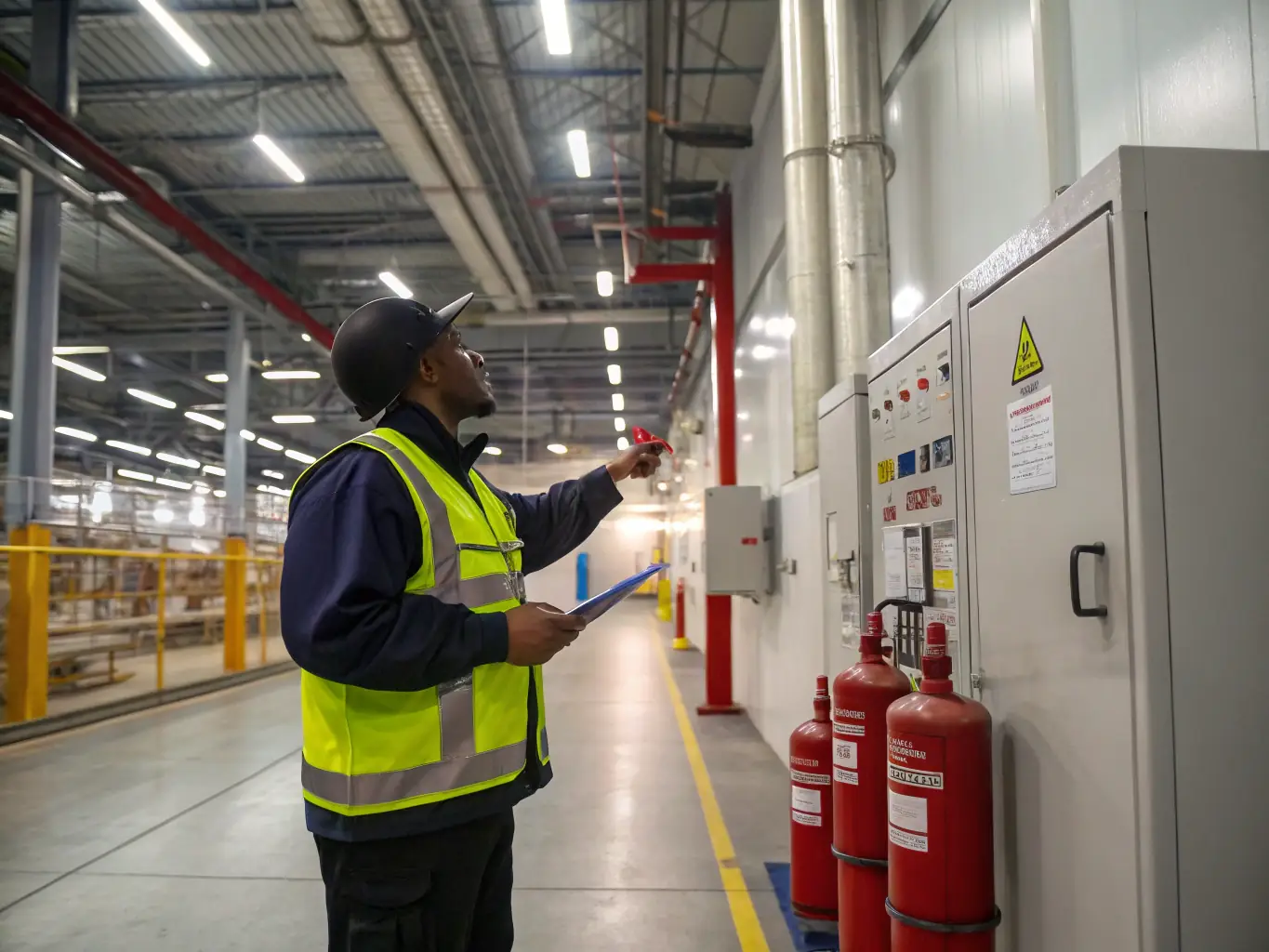An inspector in safety gear thoroughly examining an installed valve in an industrial setting, using measurement tools to ensure compliance with standards.