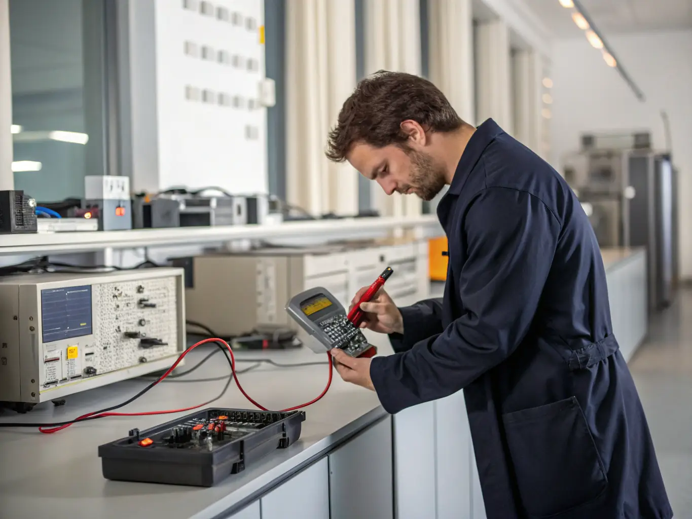 A technician carefully calibrating a large industrial valve in a clean, well-lit laboratory setting, emphasizing precision and expertise.