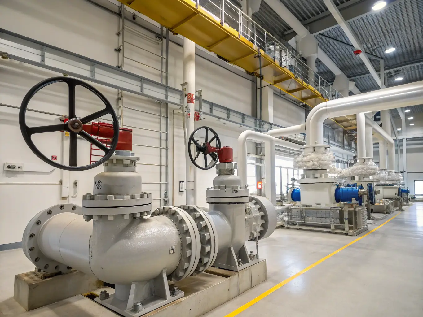 A wide shot of a modern valve manufacturing plant with various valves in different stages of production, showcasing the precision and technology involved.