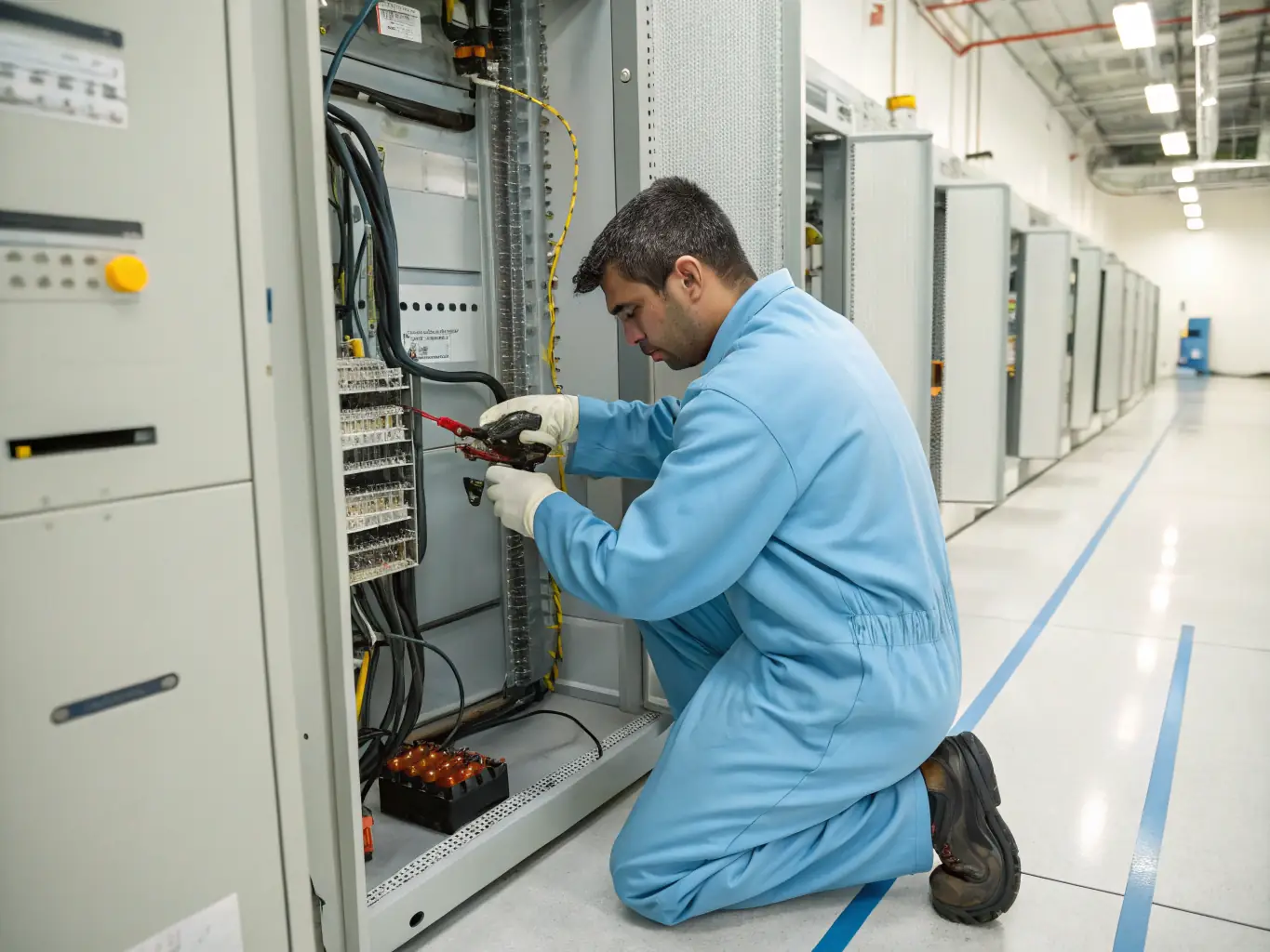An image showing a technician performing maintenance on a large valve in a power generation plant. The scene should emphasize the importance of precision and expertise in valve maintenance.